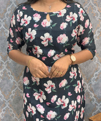 Black and Pink Color Floral Design Boat Neck Premium Linen Bubble Cotton Kurti with Lining / LSS167