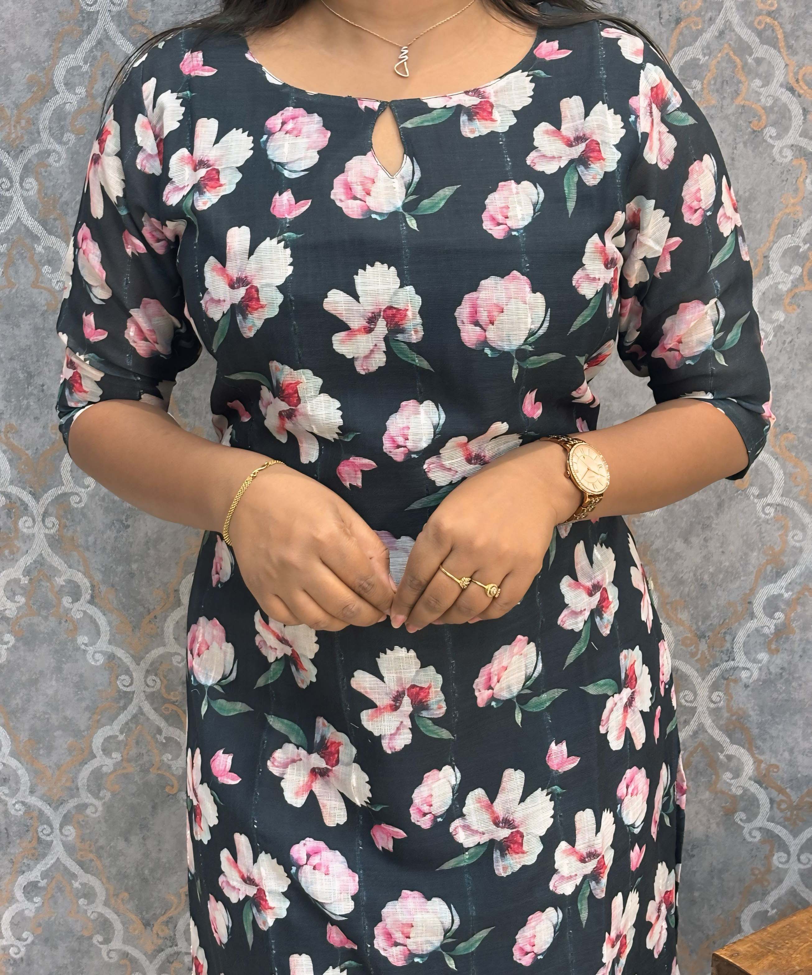 Black and Pink Color Floral Design Boat Neck Premium Linen Bubble Cotton Kurti with Lining / LSS167