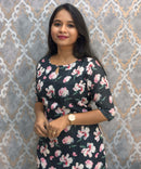 Black and Pink Color Floral Design Boat Neck Premium Linen Bubble Cotton Kurti with Lining / LSS167