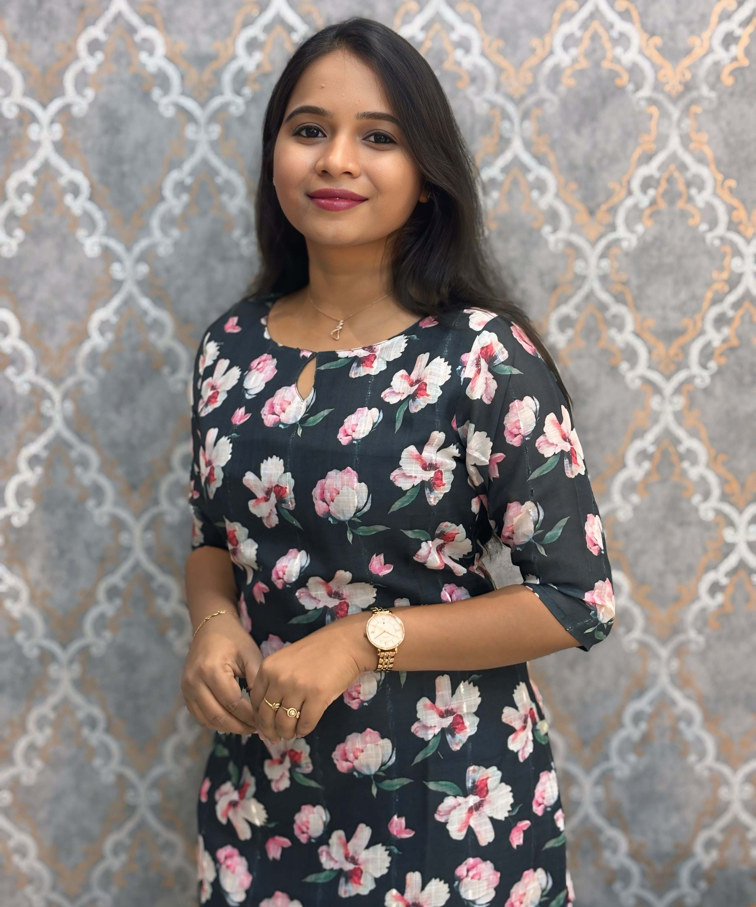 Black and Pink Color Floral Design Boat Neck Premium Linen Bubble Cotton Kurti with Lining / LSS167