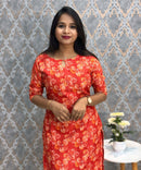 Cherry Red Color Floral Design Boat Neck Premium Linen Bubble Cotton Kurti with Lining / LSS167