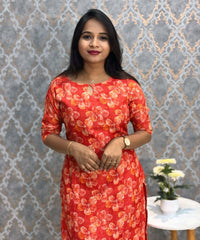 Cherry Red Color Floral Design Boat Neck Premium Linen Bubble Cotton Kurti with Lining / LSS167
