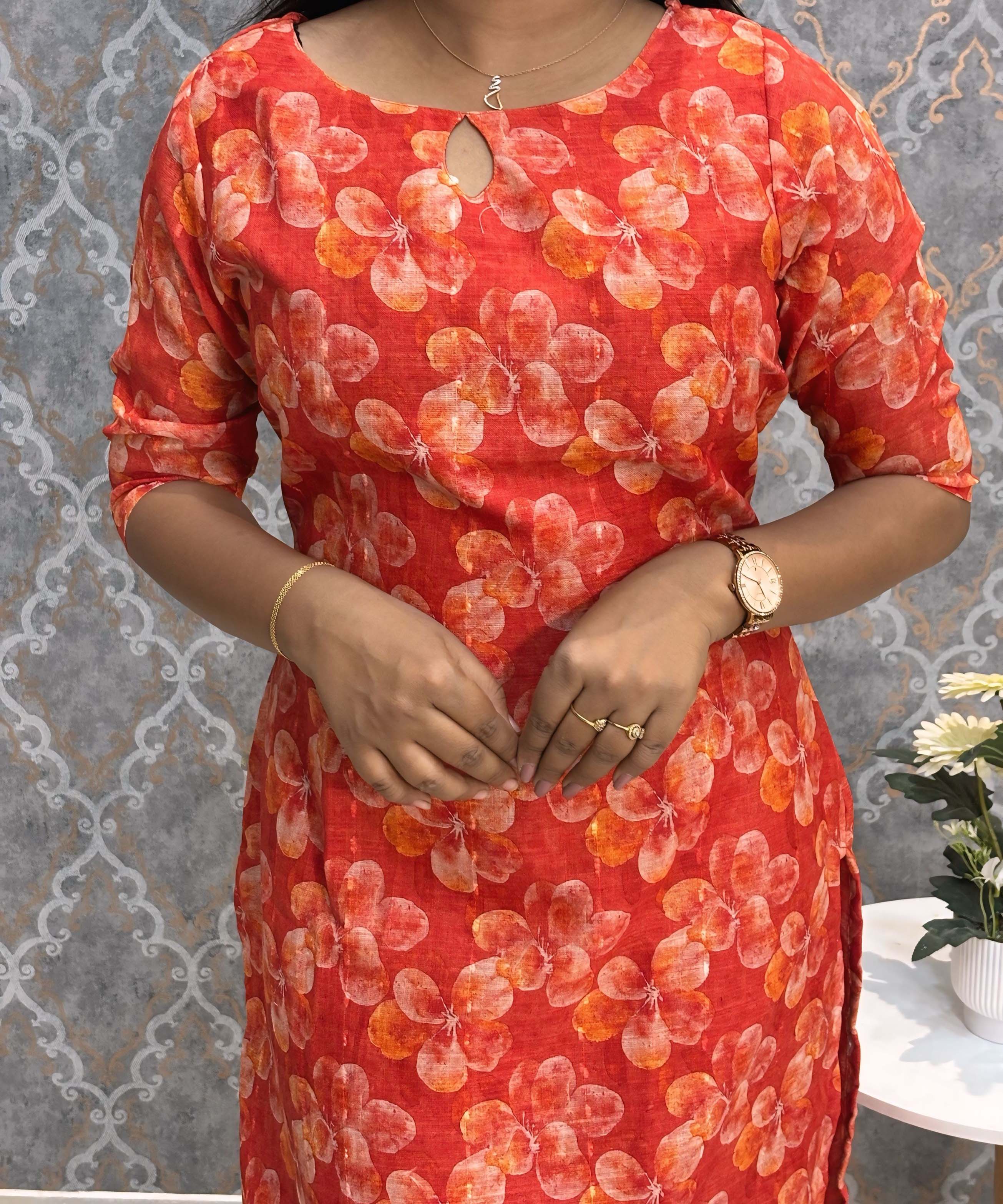 Cherry Red Color Floral Design Boat Neck Premium Linen Bubble Cotton Kurti with Lining / LSS167
