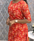 Cherry Red Color Floral Design Boat Neck Premium Linen Bubble Cotton Kurti with Lining / LSS167