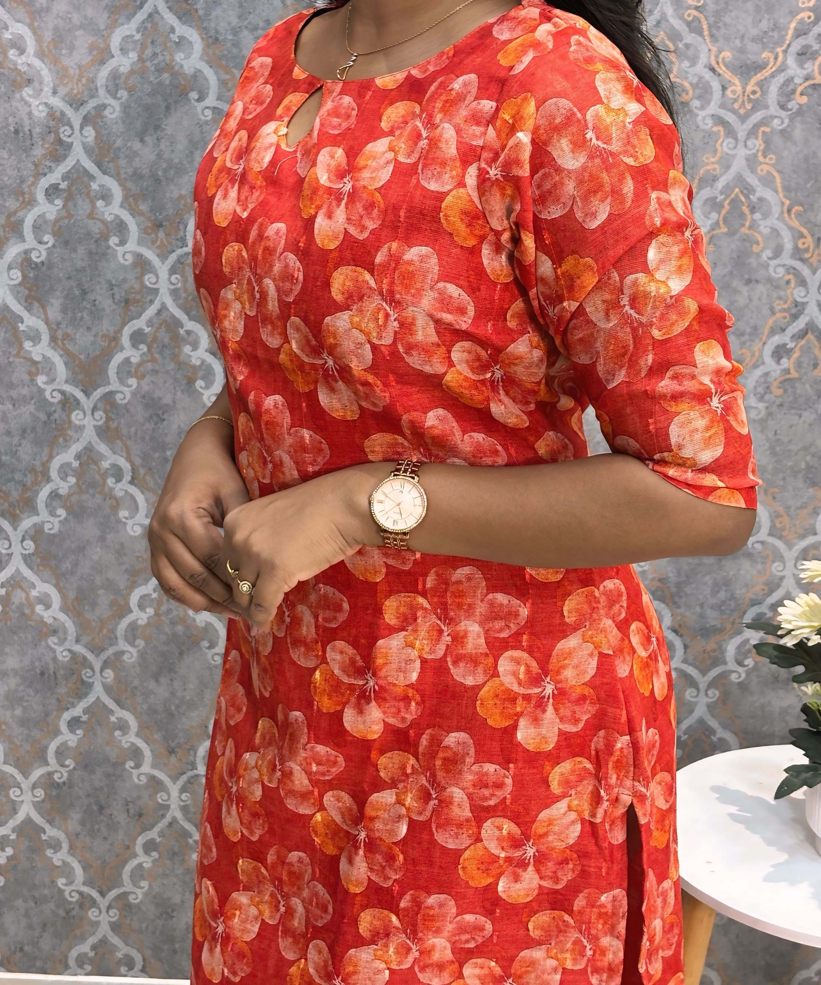 Cherry Red Color Floral Design Boat Neck Premium Linen Bubble Cotton Kurti with Lining / LSS167