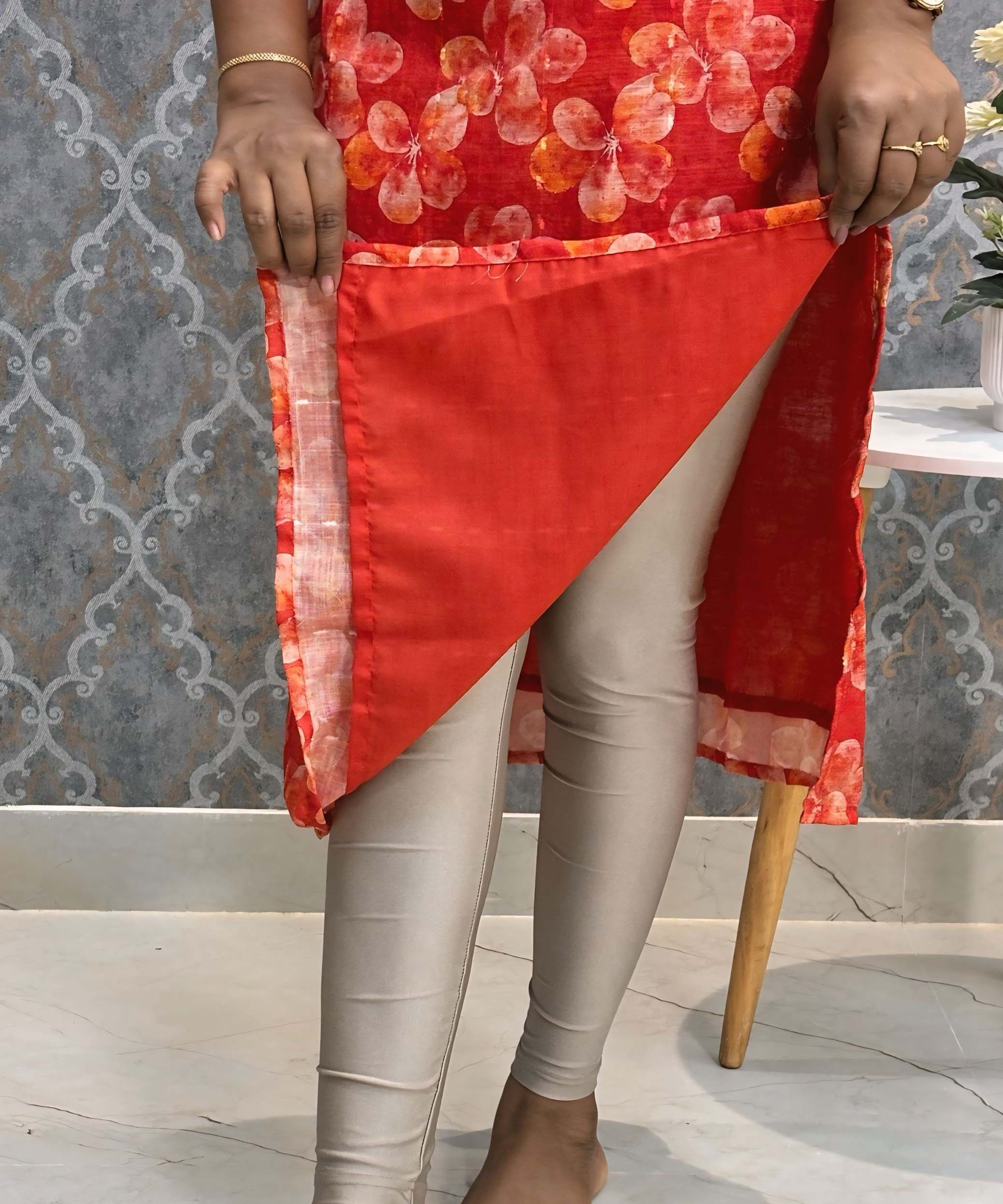 Cherry Red Color Floral Design Boat Neck Premium Linen Bubble Cotton Kurti with Lining / LSS167