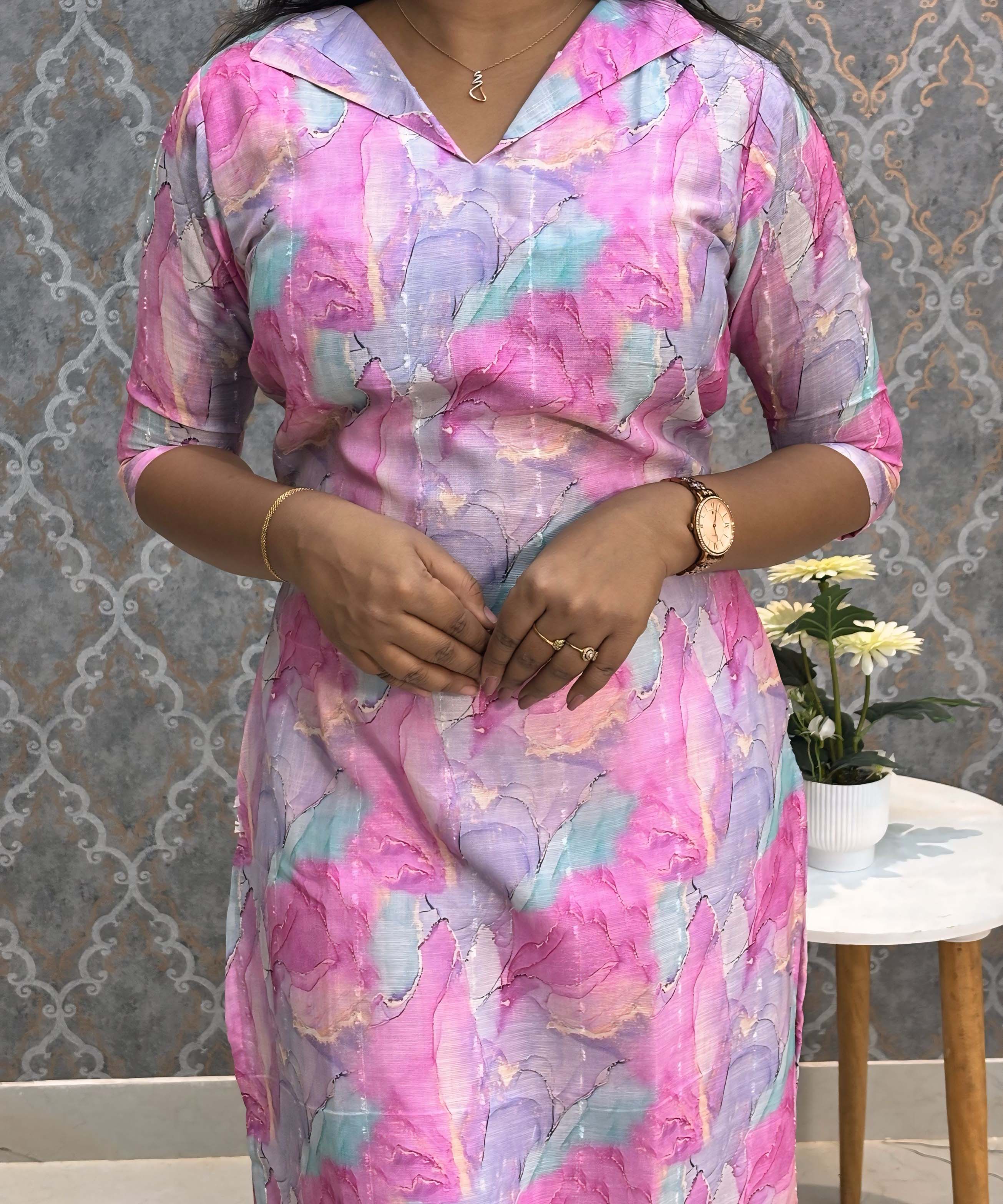 Purple and Pink Color Collar V Neck Premium Linen Bubble Cotton Long Length Kurtis with Lining / LSS167