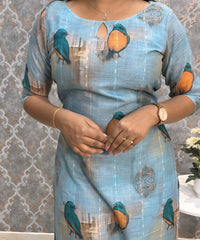 Blue Color Bird Design Boat Neck Premium Linen Bubble Cotton Long Length Kurtis with Lining / LSS167