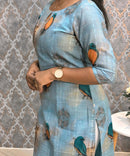 Blue Color Bird Design Boat Neck Premium Linen Bubble Cotton Long Length Kurtis with Lining / LSS167