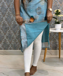 Blue Color Bird Design Boat Neck Premium Linen Bubble Cotton Long Length Kurtis with Lining / LSS167