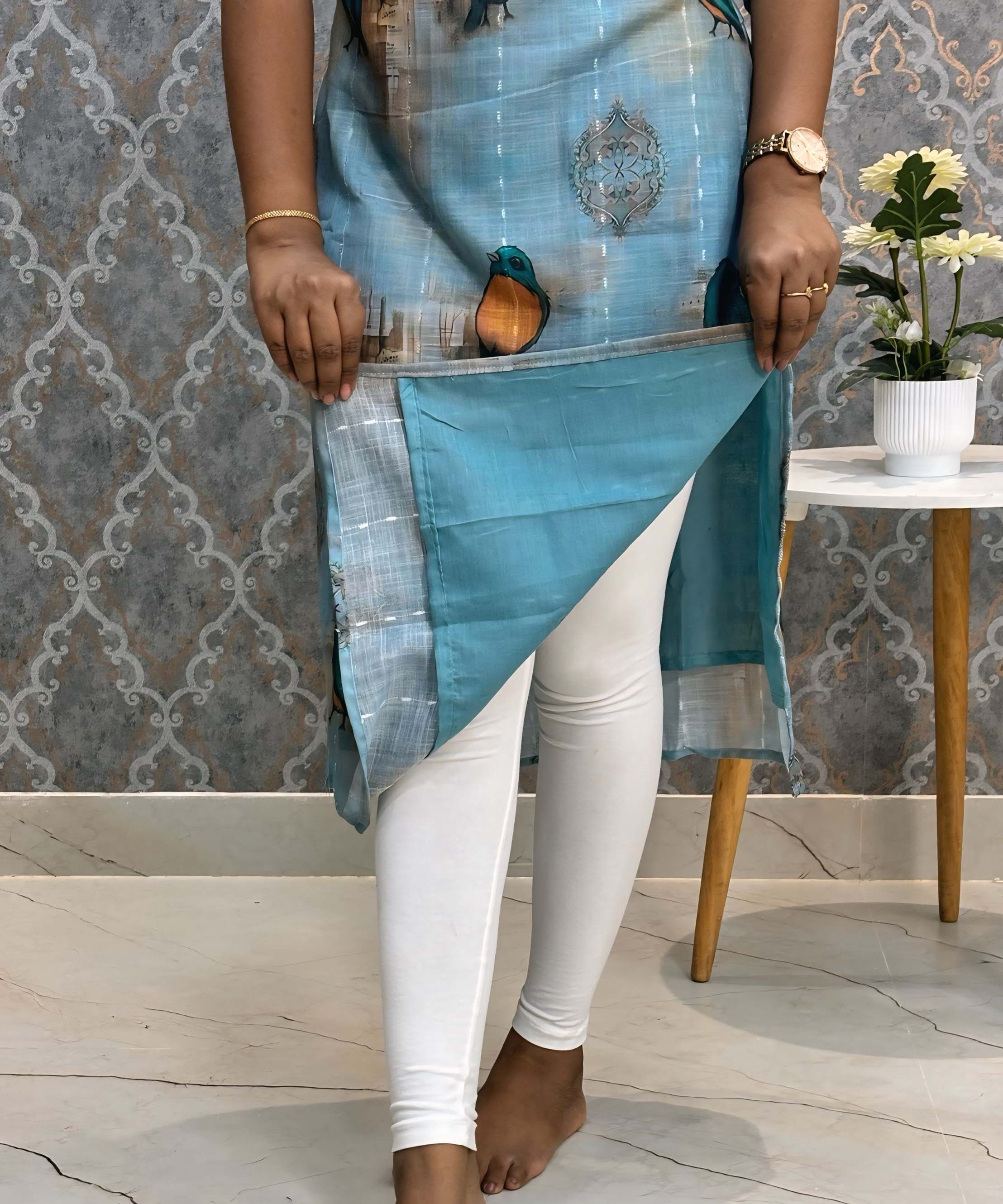 Blue Color Bird Design Boat Neck Premium Linen Bubble Cotton Long Length Kurtis with Lining / LSS167