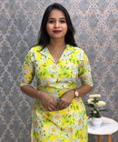 Lemon Yellow Color Floral Design Collar V Neck Premium Linen Bubble Cotton Kurti with Lining / LSS167