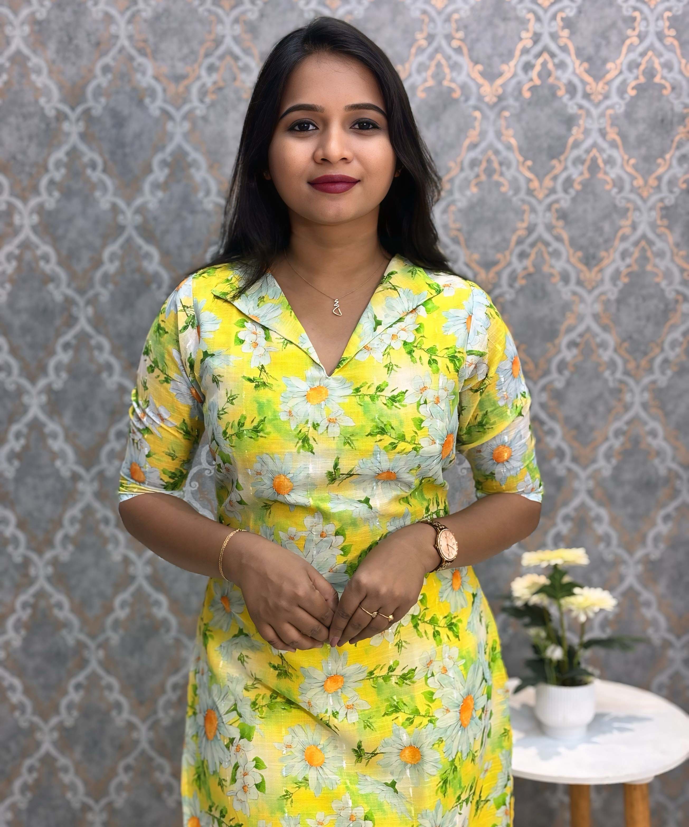 Lemon Yellow Color Floral Design Collar V Neck Premium Linen Bubble Cotton Kurti with Lining / LSS167