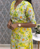 Lemon Yellow Color Floral Design Collar V Neck Premium Linen Bubble Cotton Kurti with Lining / LSS167