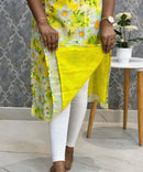 Lemon Yellow Color Floral Design Collar V Neck Premium Linen Bubble Cotton Kurti with Lining / LSS167