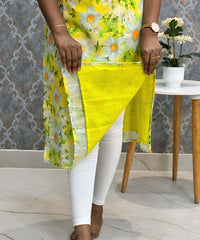 Lemon Yellow Color Floral Design Collar V Neck Premium Linen Bubble Cotton Kurti with Lining / LSS167
