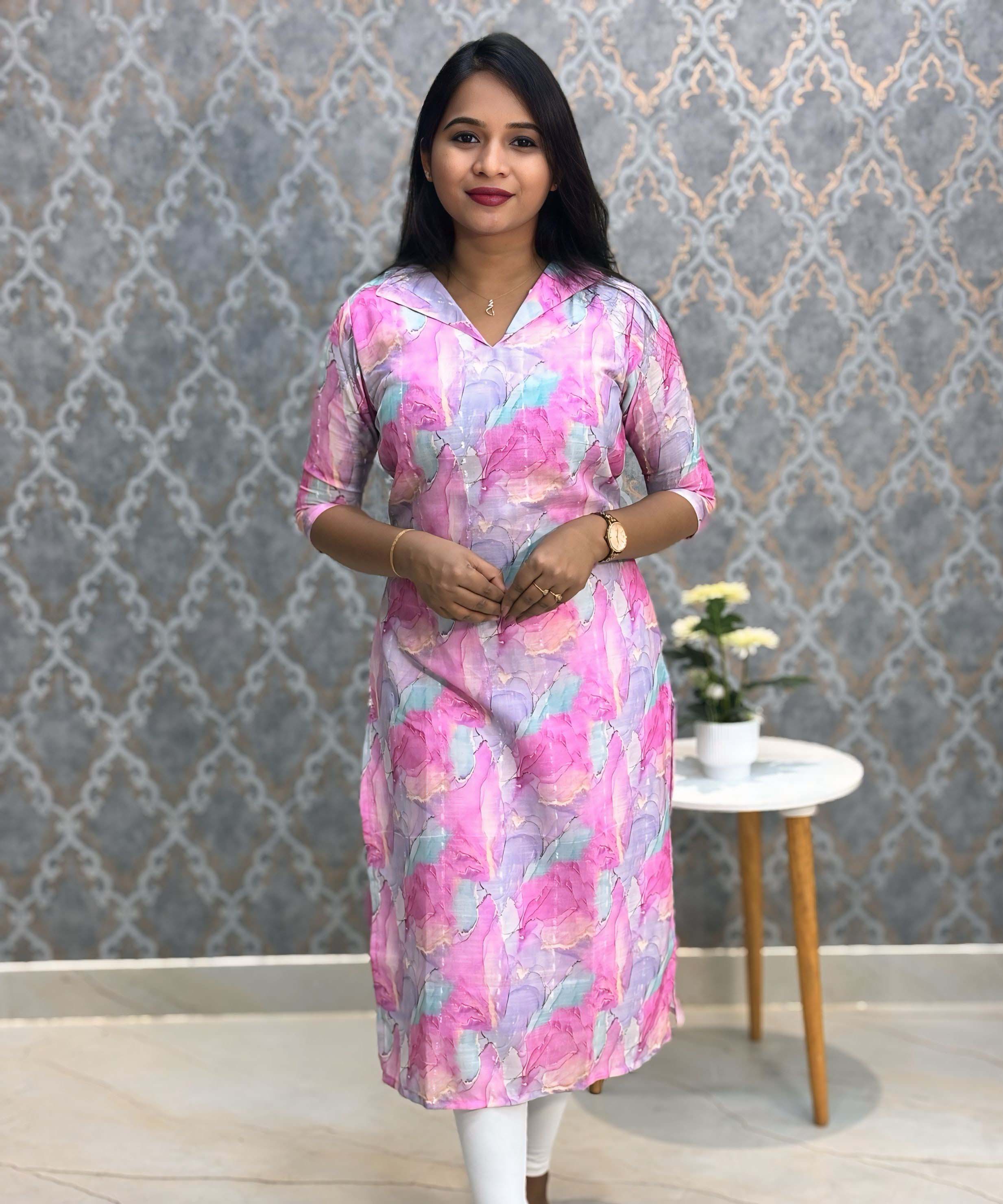 Purple and Pink Color Collar V Neck Premium Linen Bubble Cotton Long Length Kurtis with Lining / LSS167