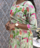Lite Green Color Floral Design V Neck Premium Linen Bubble Cotton Kurti with Lining / LSS167