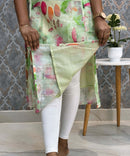 Lite Green Color Floral Design V Neck Premium Linen Bubble Cotton Kurti with Lining / LSS167