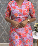 Violet and Pink Color Floral Design Collar V Neck Premium Linen Bubble Cotton Kurti with Lining / LSS167