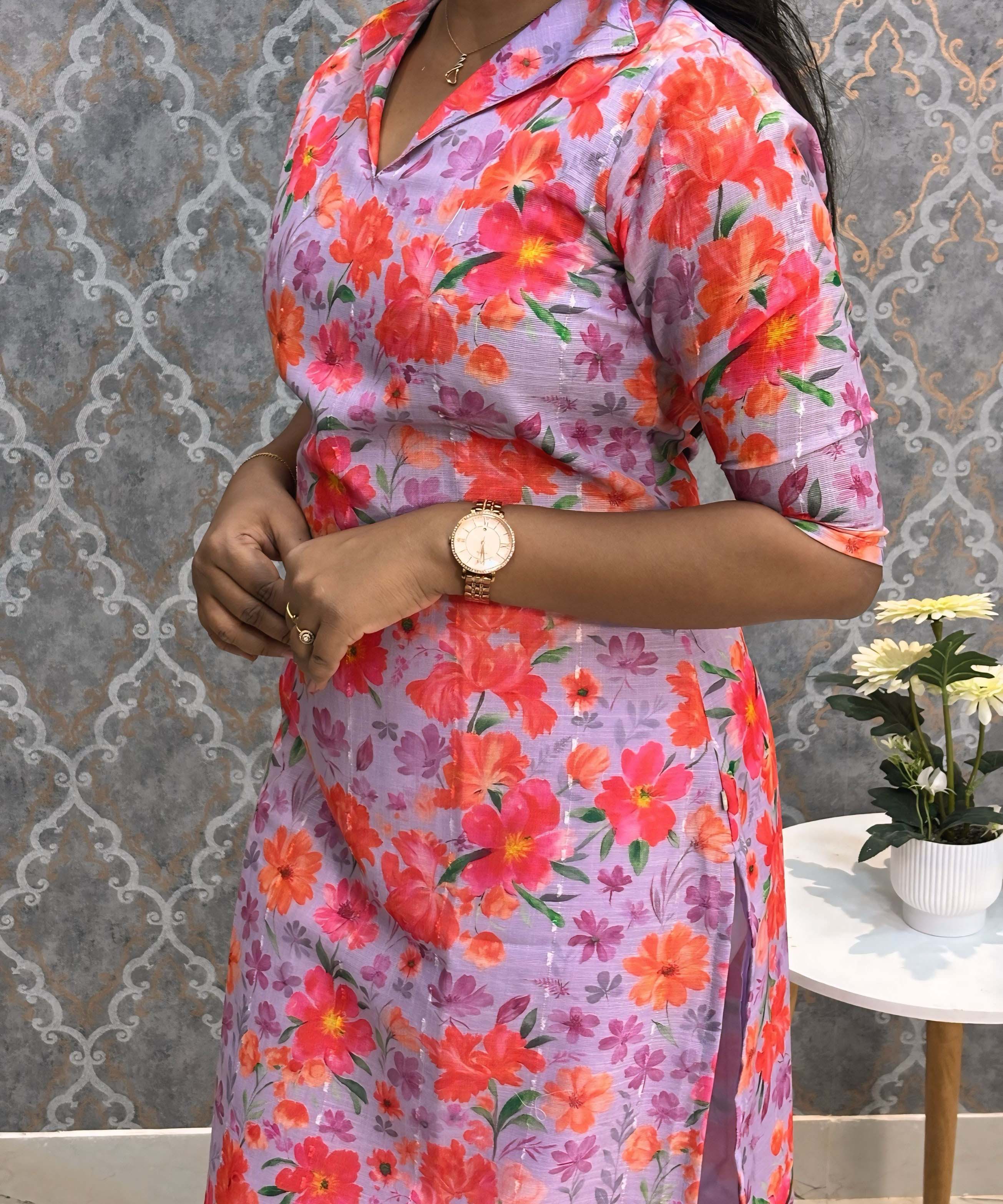 Violet and Pink Color Floral Design Collar V Neck Premium Linen Bubble Cotton Kurti with Lining / LSS167