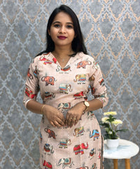 Beige Color Elephant Design Collar V Neck Premium Linen Bubble Cotton Kurti with Lining / LSS167