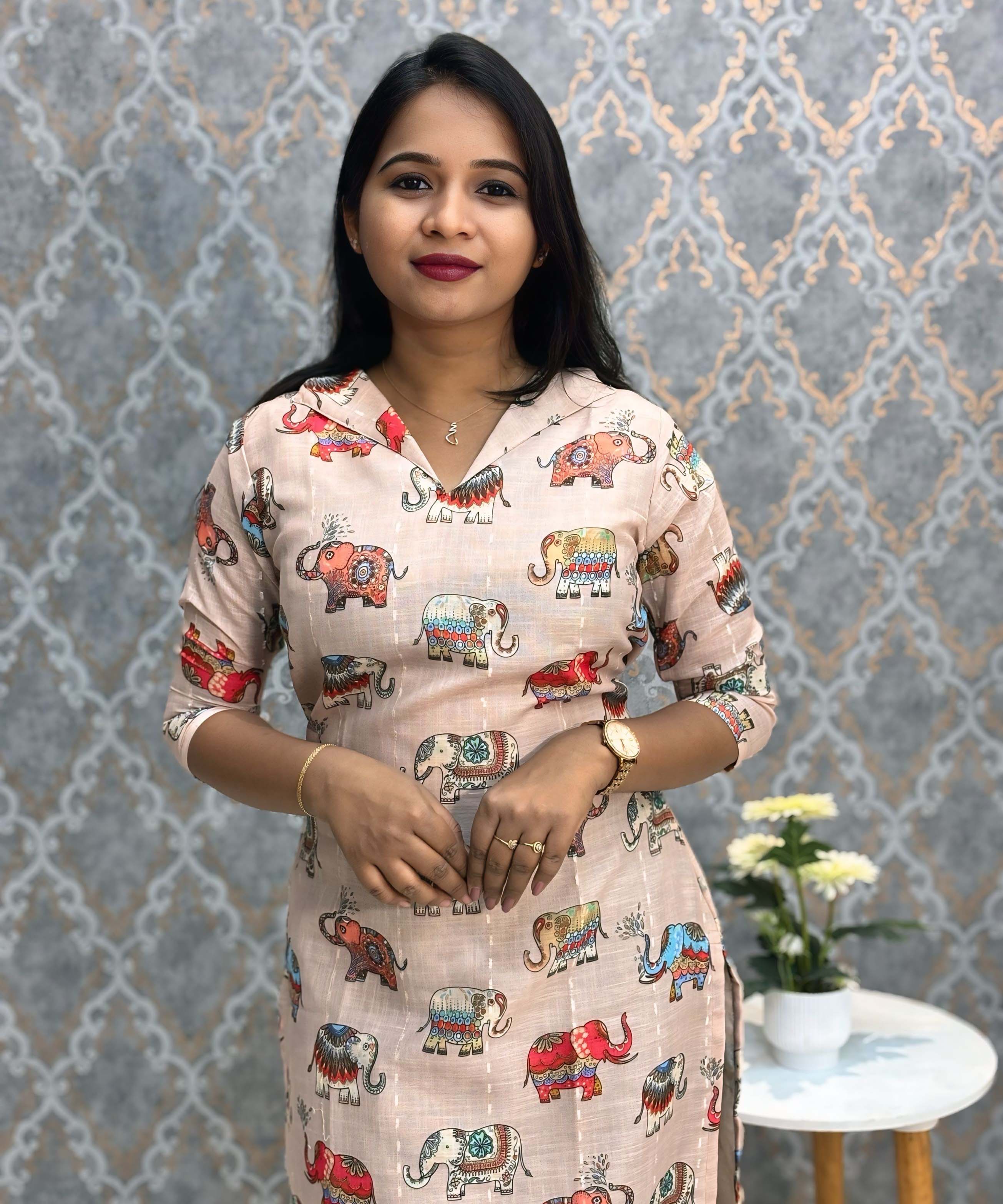 Beige Color Elephant Design Collar V Neck Premium Linen Bubble Cotton Kurti with Lining / LSS167