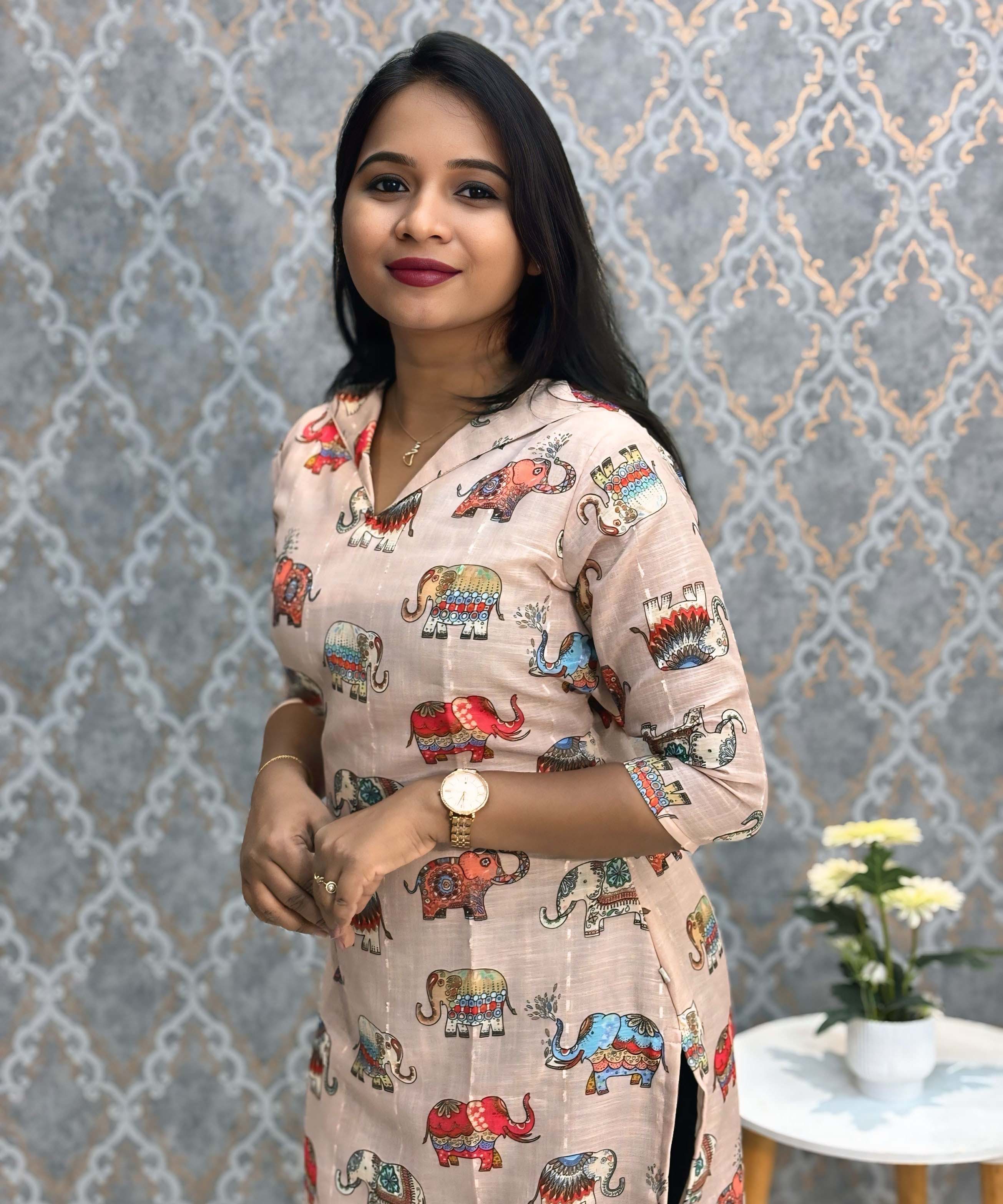 Beige Color Elephant Design Collar V Neck Premium Linen Bubble Cotton Kurti with Lining / LSS167