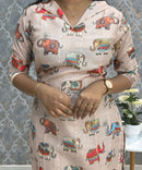 Beige Color Elephant Design Collar V Neck Premium Linen Bubble Cotton Kurti with Lining / LSS167