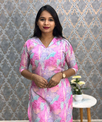 Purple and Pink Color Collar V Neck Premium Linen Bubble Cotton Long Length Kurtis with Lining / LSS167