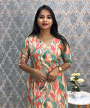 Orange and Green Color Floral Design V Neck Premium Linen Bubble Cotton Kurti with Lining / LSS167