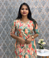 Orange and Green Color Floral Design V Neck Premium Linen Bubble Cotton Kurti with Lining / LSS167