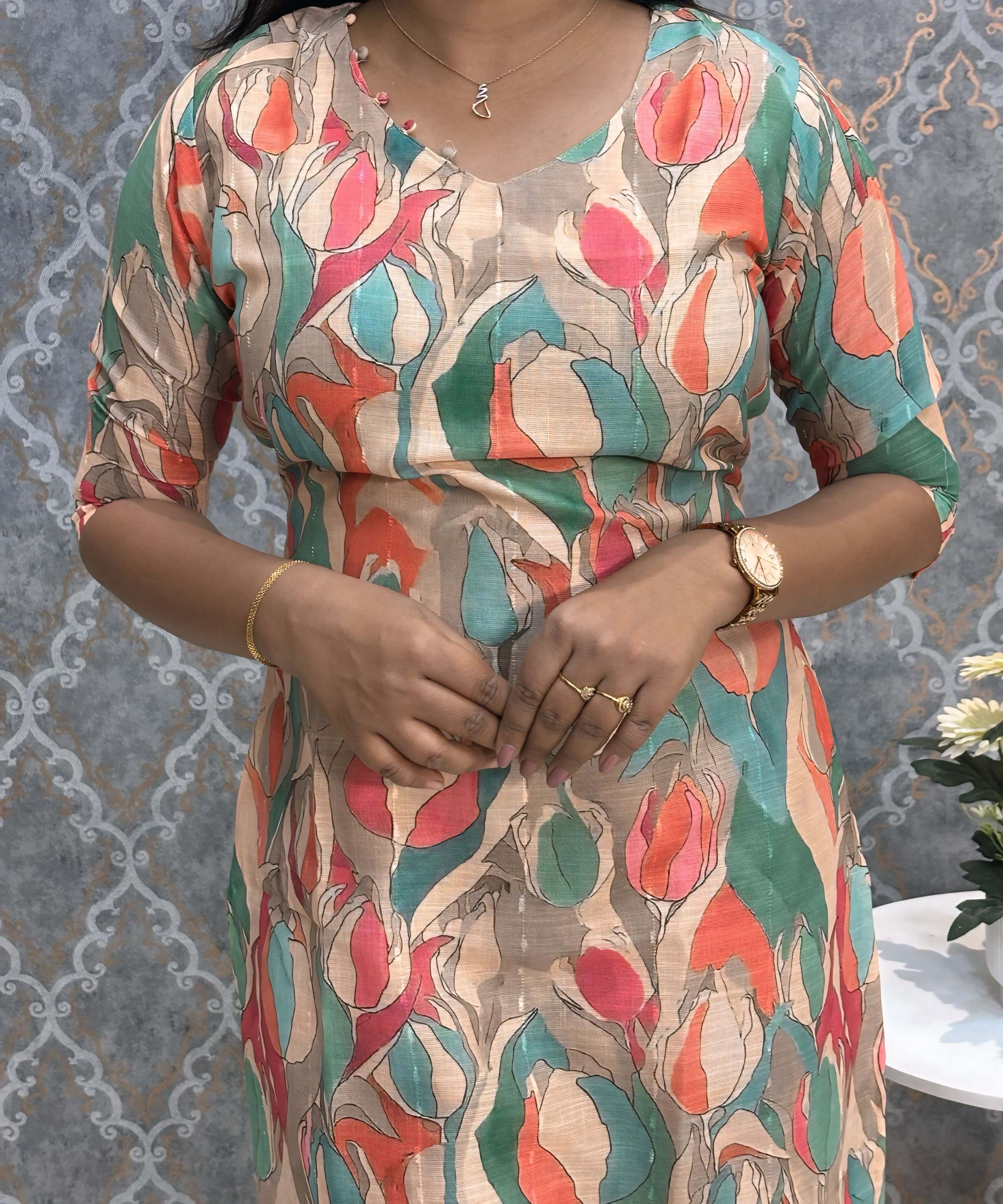 Orange and Green Color Floral Design V Neck Premium Linen Bubble Cotton Kurti with Lining / LSS167