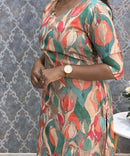 Orange and Green Color Floral Design V Neck Premium Linen Bubble Cotton Kurti with Lining / LSS167