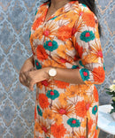 Orange and Beige Color Floral Design Collar V Neck Premium Linen Bubble Cotton Kurti with Lining / LSS167