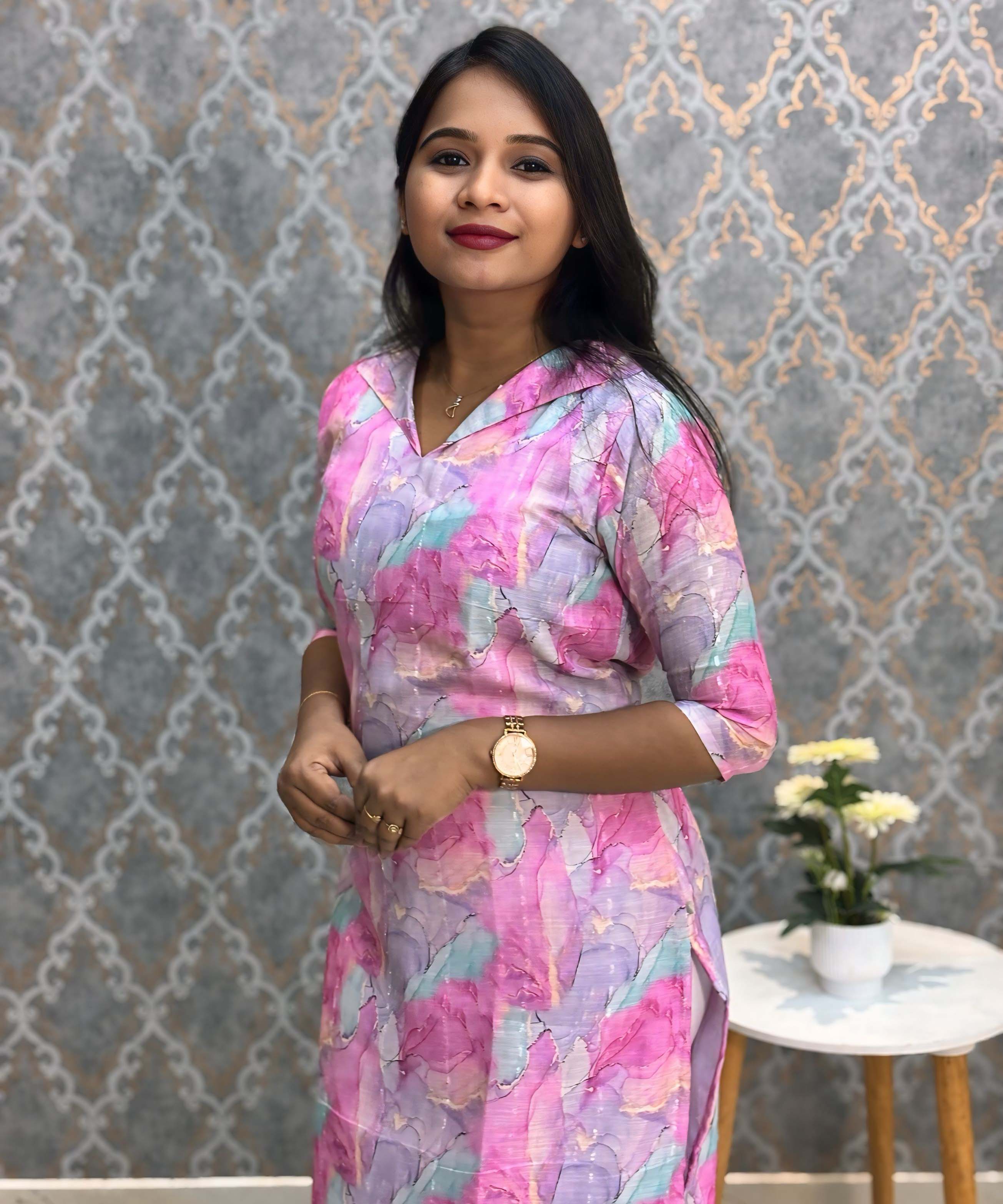 Purple and Pink Color Collar V Neck Premium Linen Bubble Cotton Long Length Kurtis with Lining / LSS167
