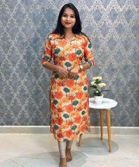 Orange and Beige Color Floral Design Collar V Neck Premium Linen Bubble Cotton Kurti with Lining / LSS167