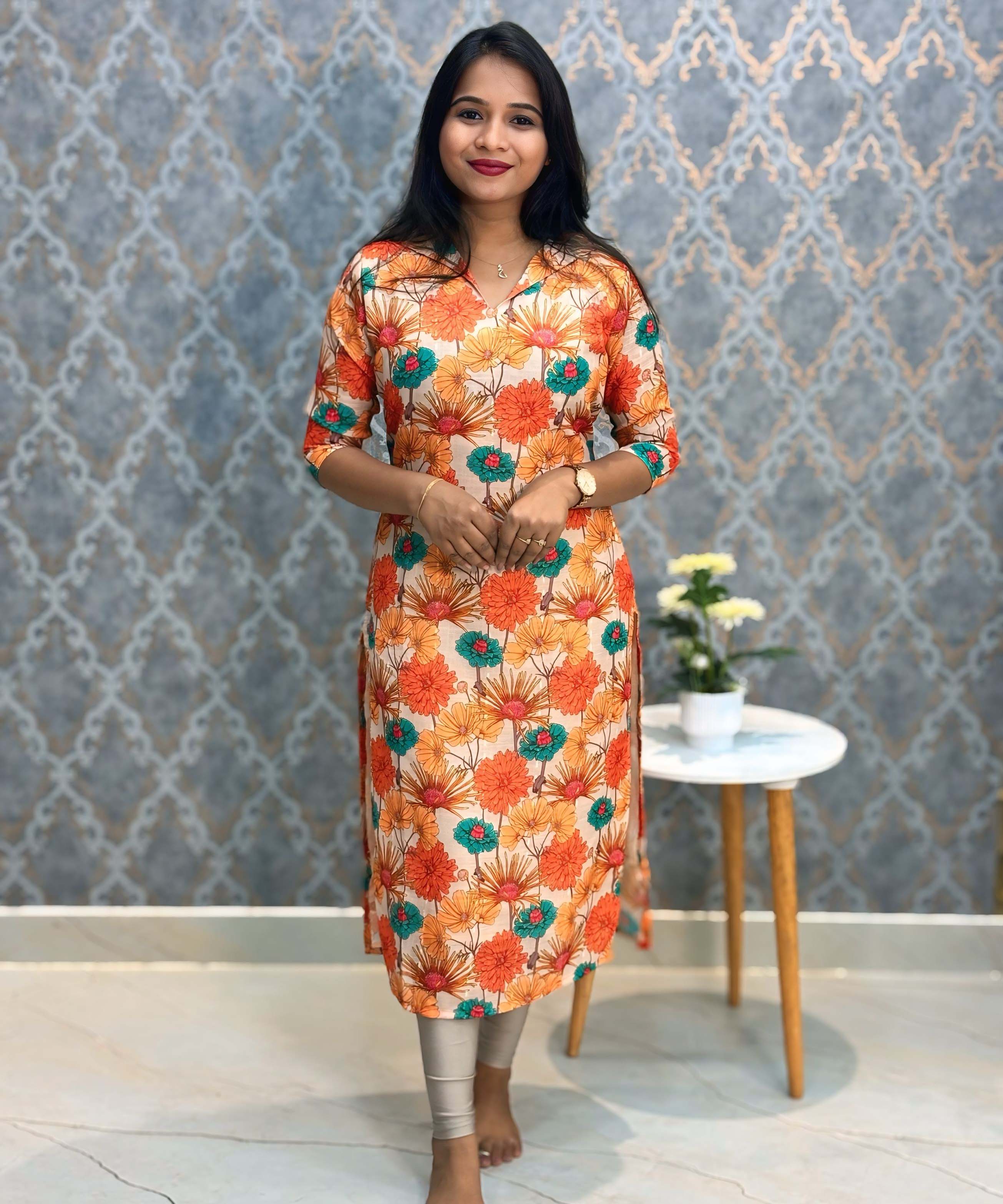 Orange and Beige Color Floral Design Collar V Neck Premium Linen Bubble Cotton Kurti with Lining / LSS167