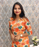 Orange and Beige Color Floral Design Collar V Neck Premium Linen Bubble Cotton Kurti with Lining / LSS167