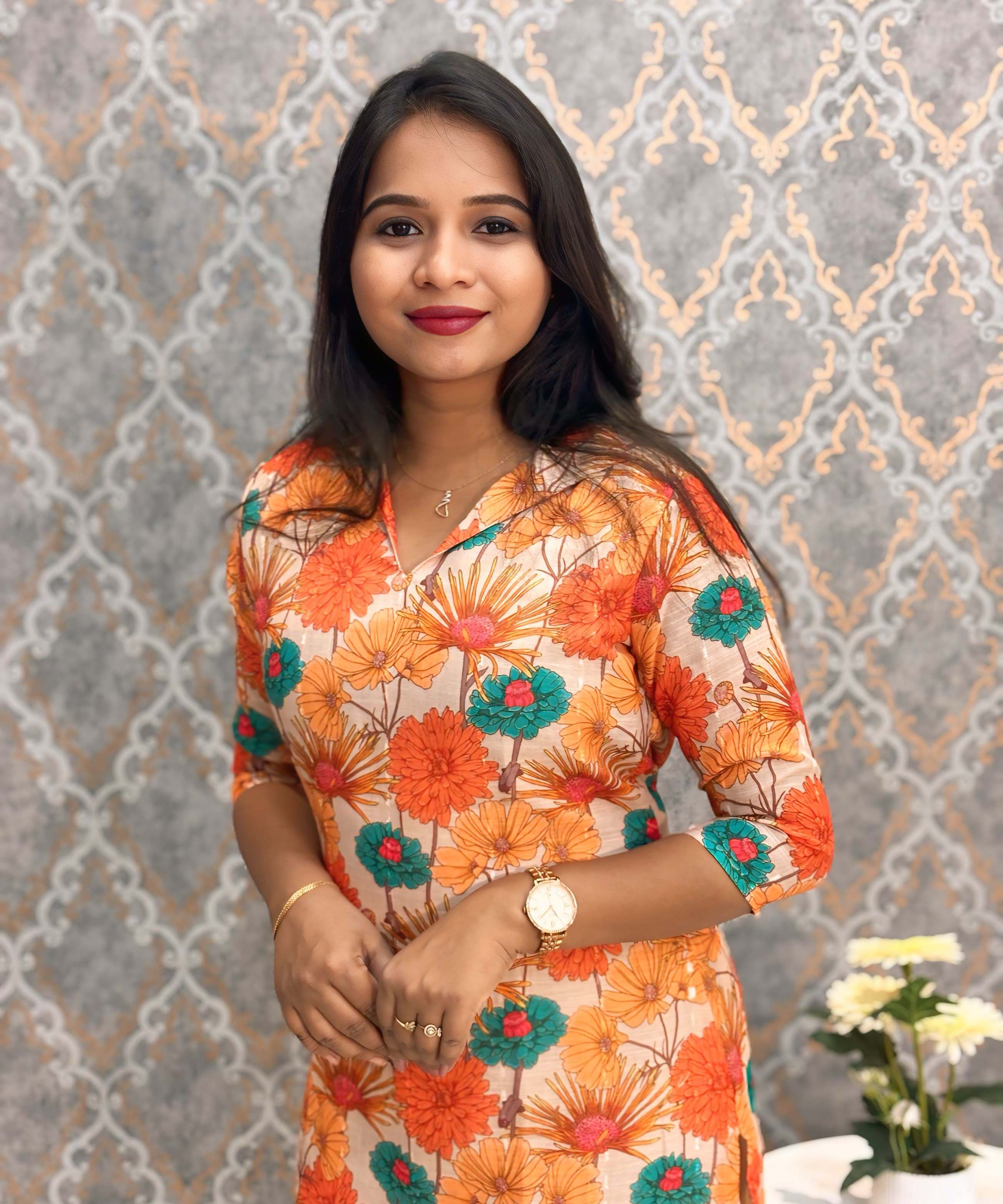 Orange and Beige Color Floral Design Collar V Neck Premium Linen Bubble Cotton Kurti with Lining / LSS167