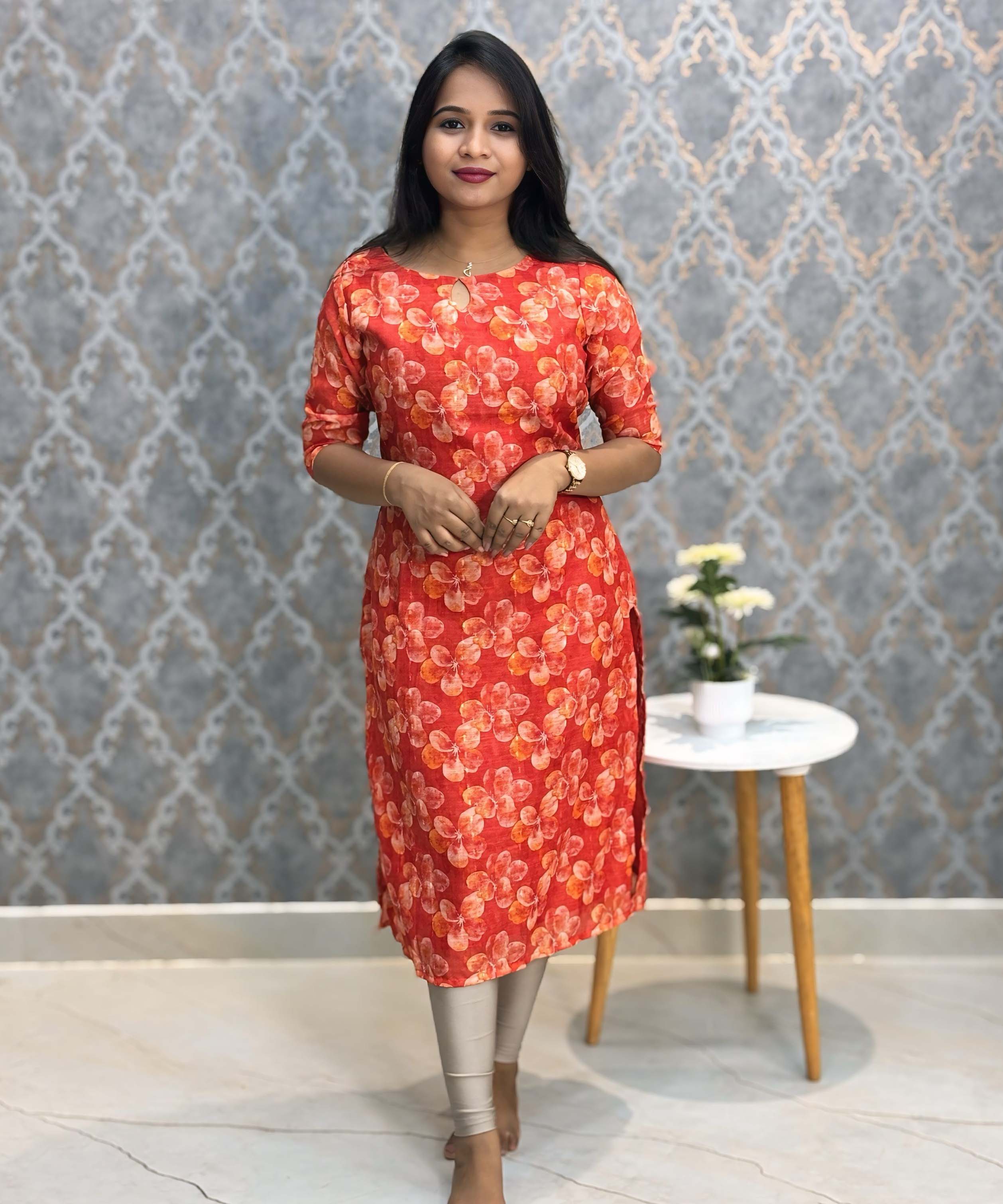 Cherry Red Color Floral Design Boat Neck Premium Linen Bubble Cotton Kurti with Lining / LSS167