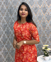 Cherry Red Color Floral Design Boat Neck Premium Linen Bubble Cotton Kurti with Lining / LSS167