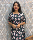 Black and Pink Color Floral Design Boat Neck Premium Linen Bubble Cotton Kurti with Lining / LSS167