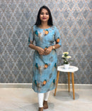 Blue Color Bird Design Boat Neck Premium Linen Bubble Cotton Long Length Kurtis with Lining / LSS167