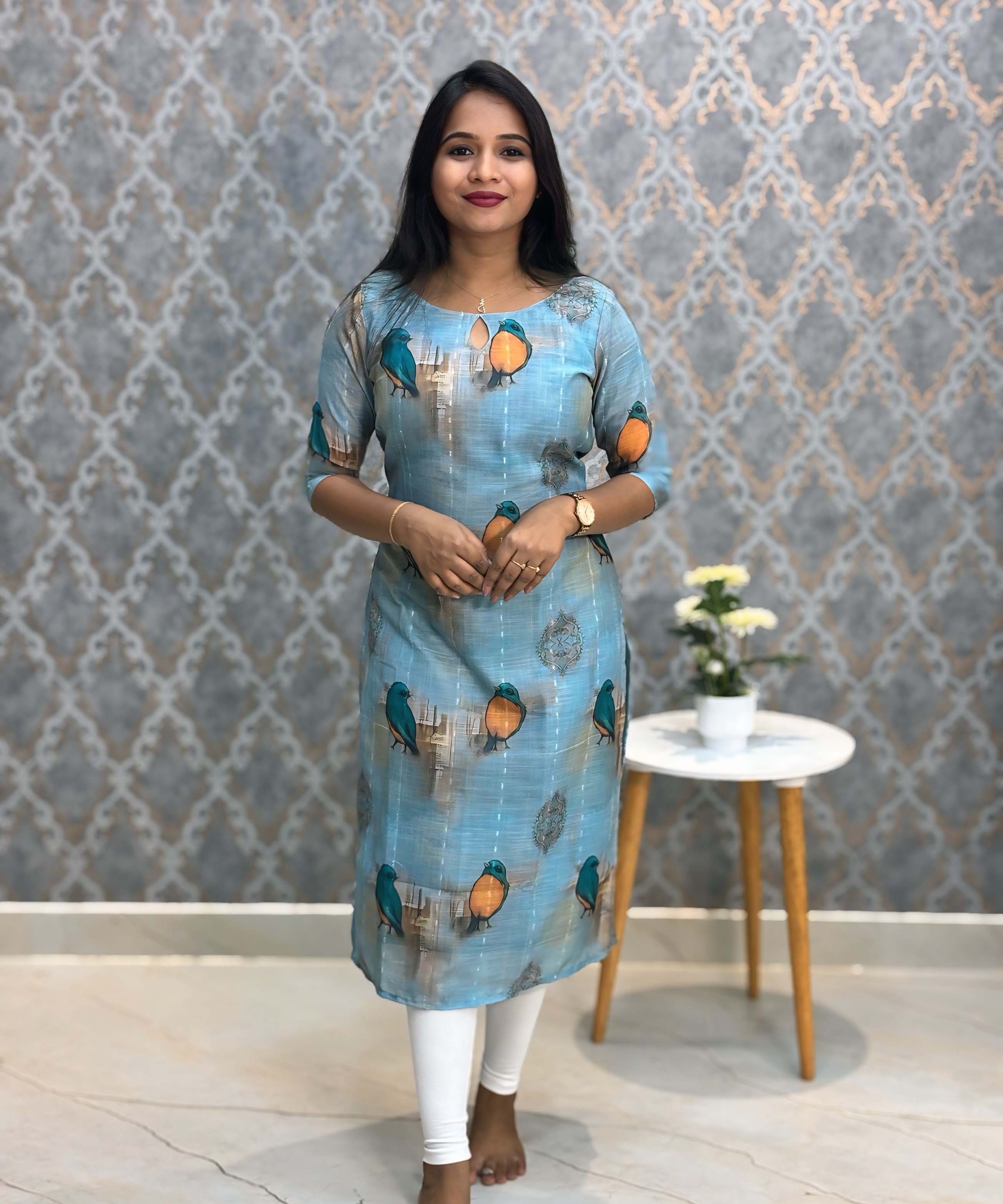 Blue Color Bird Design Boat Neck Premium Linen Bubble Cotton Long Length Kurtis with Lining / LSS167