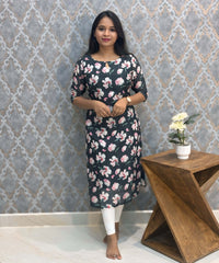 Black and Pink Color Floral Design Boat Neck Premium Linen Bubble Cotton Kurti with Lining / LSS167