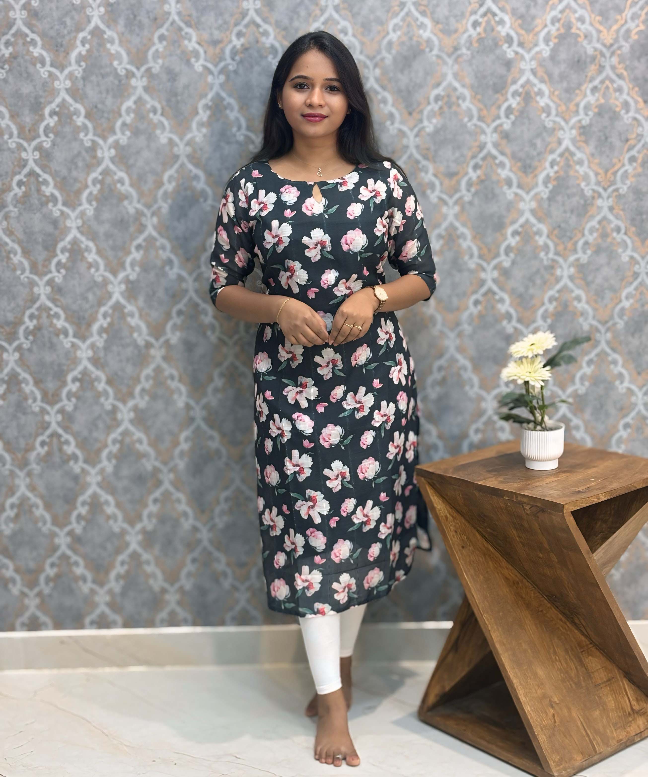 Black and Pink Color Floral Design Boat Neck Premium Linen Bubble Cotton Kurti with Lining / LSS167