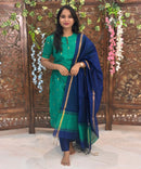 Green and Navy Blue Color Round Neck Premium Raw Silk 3 Piece Salwar Set with Thilagam Zari Butta & Lining / LSS194