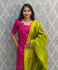 Pink and Green Color Premium Raw Silk Cotton Salwar Set with Lining and Pocket / HL052