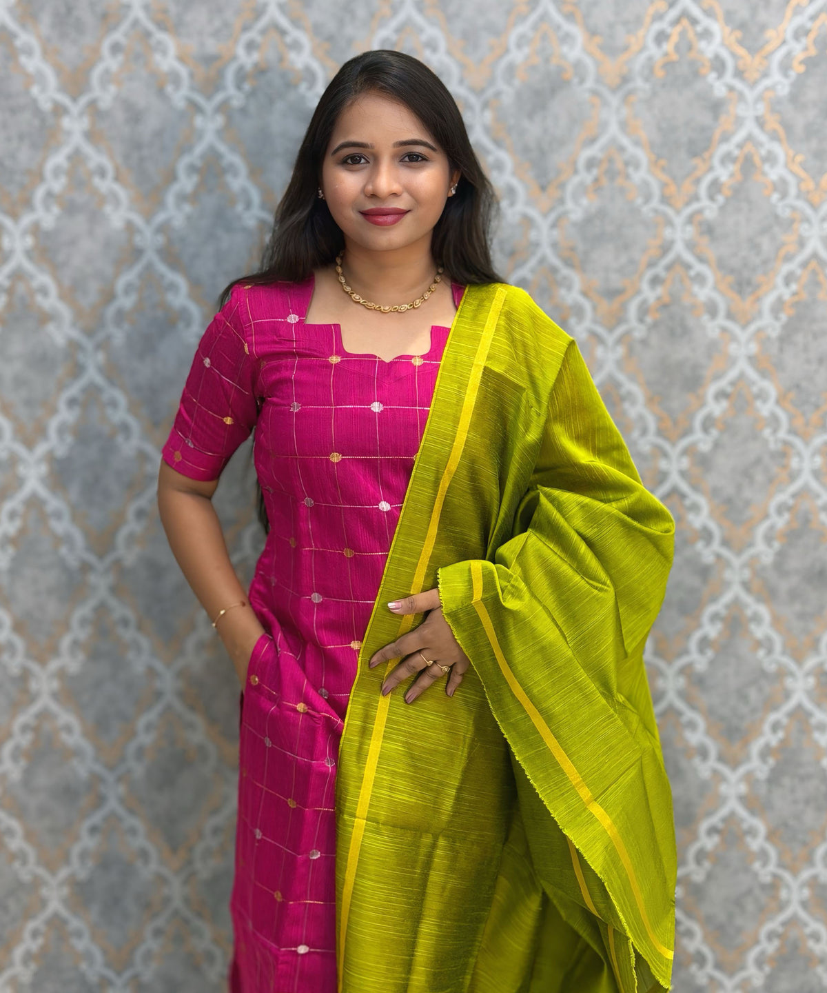 Pink and Green Color Premium Raw Silk Cotton Salwar Set with Lining and Pocket / HL052
